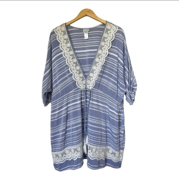 Dotti Tassel Tunic Striped Cover Up Blue White Crocheted Lace Trim Drawstring 1X - Picture 7 of 13